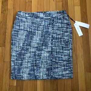 NWT Calvin Klein Blue & White Tweed Fringe Trim Pencil Skirt - 14